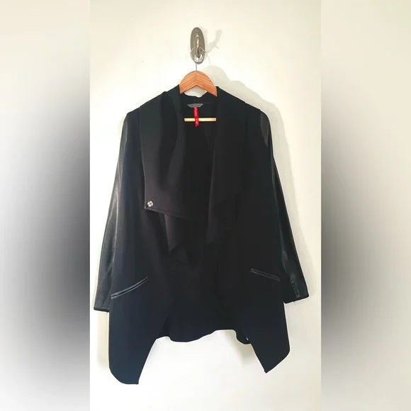 SPANX Front Drape Ponte Faux Leather Womens Jacket XS Black Stretch Draped - Picture 12 of 15